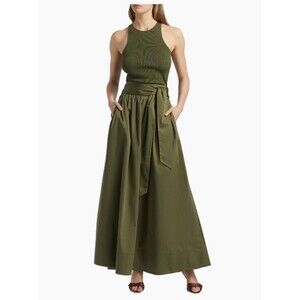 Toccin Sabine Women's Stretch Cotton Tie Front Midi Maxi Skirt size L NWT Olive